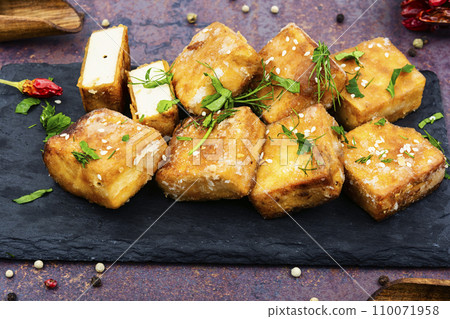 Fried soy cheese tofu, vegan food. Fried soy cheese tofu, vegan food. 110071958