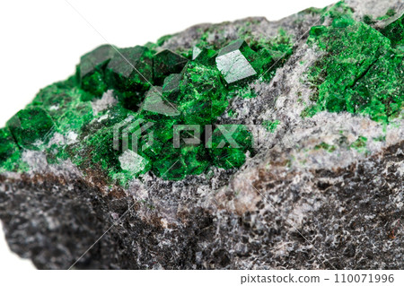 Macro stone garnet mineral, Uvarovite in rock on a white background Macro stone garnet mineral, Uvarovite in rock on a white background 110071996