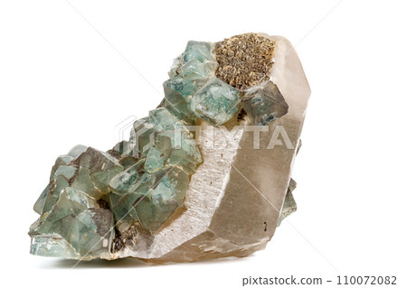 Macro stone Fluorite mineral on white background Macro stone Fluorite mineral on white background 110072082