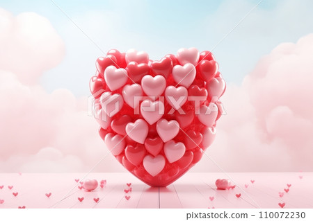 AI-generated content. Heart shape made of Pink balloon floating on pink background. Minimal idea concept. 110072230