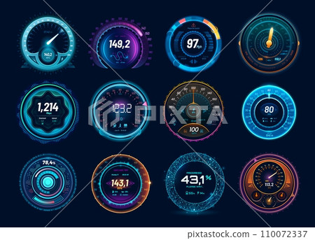 Speedometer neon dial, car and internet traffic speed gauge dashboard, futuristic counter interface, vector HUD elements. Digital charge, speed meter and connection test indicators, race sport game Speedometer neon dial, car and internet traffic speed gauge dashboard, futuristic counter interface, vector HUD elements. Digital charge, speed meter and connection test indicators, race sport game 110072337