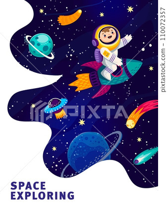 Cartoon kid astronaut on space rocket in starry galaxy sky with planets, vector background. Outer space exploration and galactic adventure poster with kid spaceman on spaceship in cosmic sky stars Cartoon kid astronaut on space rocket in starry galaxy sky with planets, vector background. Outer space exploration and galactic adventure poster with kid spaceman on spaceship in cosmic sky stars 110072357