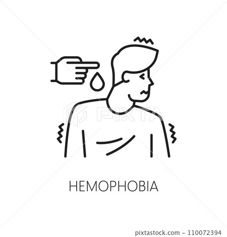 Human hemophobia phobia icon, mental health. fear of water problem or people psychology thin line vector pictogram. Mental disorder outline icon or symbol with man terrified by drop of water 110072394