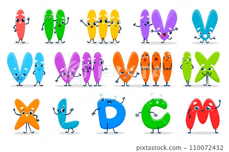 Roman numeral or number characters. Cartoon numerical system personages with adorable faces used in ancient Rome. Cute funny letters I, II, III, IV, V and VI, VII, VIII or IX, X, L, D with C and M Roman numeral or number characters. Cartoon numerical system personages with adorable faces used in ancient Rome. Cute funny letters I, II, III, IV, V and VI, VII, VIII or IX, X, L, D with C and M 110072432