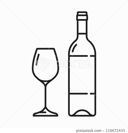 Drink of wine and glass isolated outline icon. Vector glass bottle, burgundy beverage and goblet, thin line. Winery product, semi sweet alcohol drink 110072433