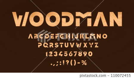 Furniture font, wooden type, timber alphabet, oak or pine tree texture typeface. English ABC numeral and punctuation symbols, font typeset vector letters and digits with wooden furniture texture Furniture font, wooden type, timber alphabet, oak or pine tree texture typeface. English ABC numeral and punctuation symbols, font typeset vector letters and digits with wooden furniture texture 110072455