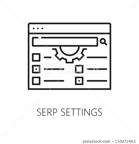Serp settings. Serp icon. Search engine result page with browser and small gear-shaped symbol, allowing users to access and customize various search settings. Isolated vector linear sign or pictogram 110072463