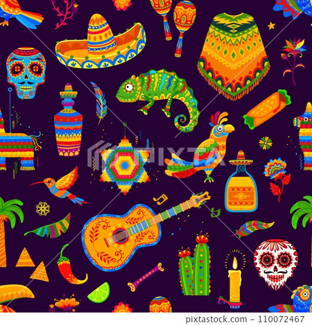 Mexican holiday festival objects seamless pattern. Mexico national holiday celebration textile vector pattern, wallpaper or fabric seamless print with mexican clothing, animals and musical instruments 110072467