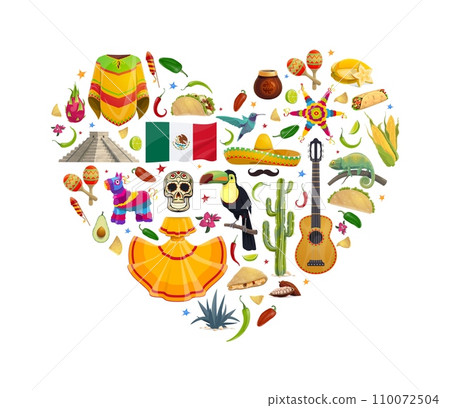 Mexico heart with national cuisine and animals, flag, sugar skull and pyramid cartoon pattern. Vector mexican holiday sombrero, guitar, maracas and cactus, chili, tex mex food, pinata, lizard and bird 110072504