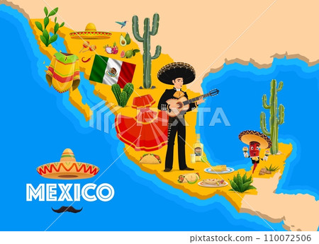 Mexico map with national characters, cuisine, fruits and plants, vector background. Mexican landmarks on Mexico map with mariachi musician in sombrero, chili pepper, avocado or maracas and poncho 110072506