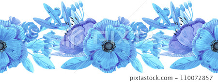 Hand drawn watercolor blue flowers and leaves seamless border isolated on white. Can be used for label, tape, decoration and other printed products. Hand drawn watercolor blue flowers and leaves seamless border isolated on white. Can be used for label, tape, decoration and other printed products. 110072857