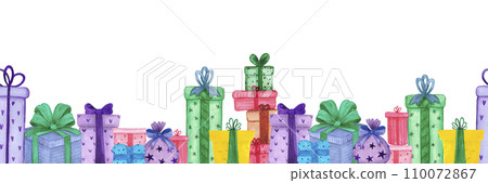 Hand drawn watercolor christmas gift boxes seamless border isolated on white background. Can be used for label, tape, decoration and other printed products. 110072867