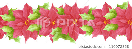 Hand drawn watercolor poinsettia seamless border isolated on white background. Can be used for label, tape, decoration and other printed products. 110072868