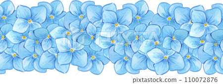 Hand drawn watercolor blue hortense flowers seamless border isolated on white background. Can be used for label, tape, decoration and other printed products. Hand drawn watercolor blue hortense flowers seamless border isolated on white background. Can be used for label, tape, decoration and other printed products. 110072876