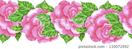 Hand drawn watercolor pink azalea seamless border isolated on white background. Can be used for label, textile, decoration and other printed products. 110072892