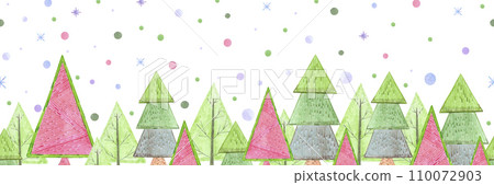 Hand drawn watercolor green fir tree and confetti seamless border isolated on white background. Can be used for textile, tape, label and other printed products. 110072903