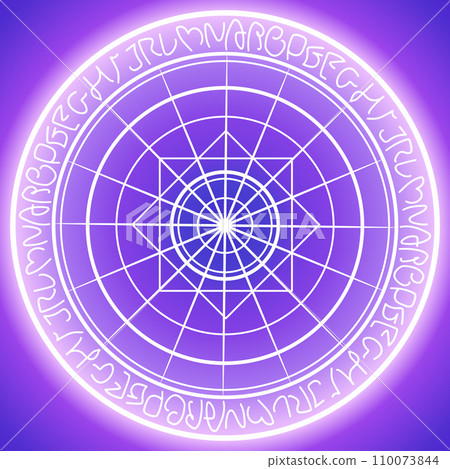 Spider web magic circle, otherworldly handwritten letters, purple background 110073844