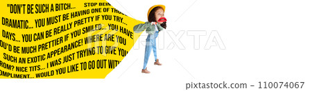 Young girl carrying garbage of social opinion aiming on pressure, judgement and discrimination. Conceptual design. Contemporary artwork. Young girl carrying garbage of social opinion aiming on pressure, judgement and discrimination. Conceptual design. Contemporary artwork. 110074067