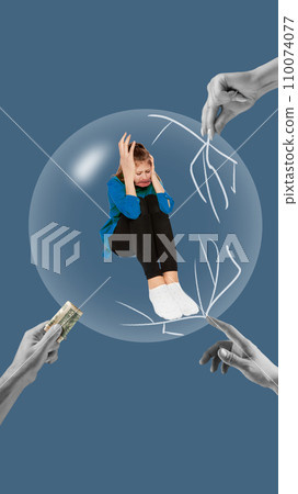 Young woman sitting in stress, fear and despair in bulb with human hands reaching her, giving money. Manipulation. Conceptual design. Contemporary artwork. Young woman sitting in stress, fear and despair in bulb with human hands reaching her, giving money. Manipulation. Conceptual design. Contemporary artwork. 110074077