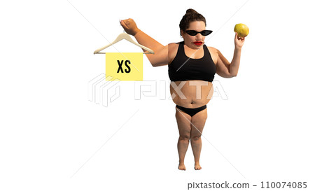 Unequal attitude to body size. Breaking beauty standards. Woman with oversized body sitting on diet to reach xs size. Conceptual design. Contemporary artwork. 110074085