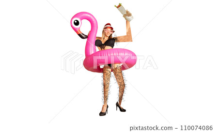 Young woman with hairy legs and armpit standing with shawarma over white background. Body-positivity, freedom. Conceptual design. Contemporary artwork. 110074086