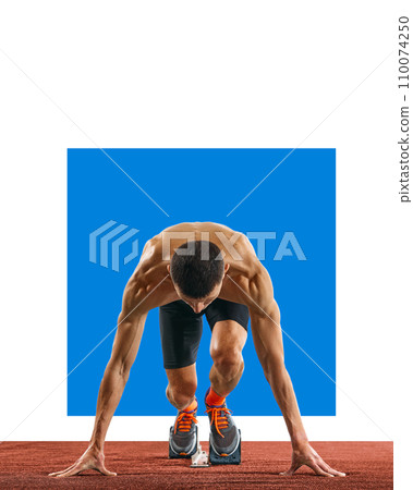 Poster. Young athletic sportsman, professional runner at low start to runs up quickly against background with negative space for text. 110074250