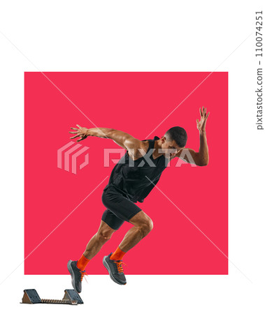 Poster. Dynamic portrait of young sportsman, professional runner runs up quickly against background with negative space for text. Poster. Dynamic portrait of young sportsman, professional runner runs up quickly against background with negative space for text. 110074251
