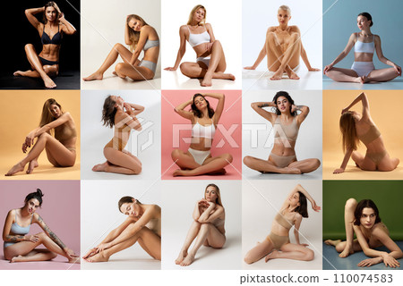 Collage. Body-positivity. Young beautiful and tender women posing in lingerie against multicolored background. Concept of fitness. Collage. Body-positivity. Young beautiful and tender women posing in lingerie against multicolored background. Concept of fitness. 110074583