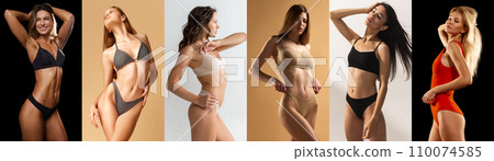 Collage made of portraits of young beautiful tanned women wearing cotton underwear isolated over pastel colored background. Collage made of portraits of young beautiful tanned women wearing cotton underwear isolated over pastel colored background. 110074585