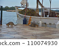 cats near the boat eating fish, morning, sea, pier, fishermen, 110074930