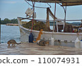cats near the boat eating fish, morning, sea, pier, fishermen, 110074931