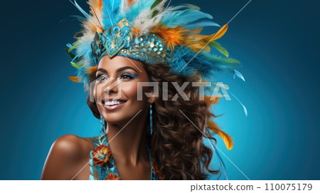 AI-generated content. Beautiful young woman wearing stylish, luxurious hair accessories with feather elements, in bright festive makeup. Carnival style 110075179
