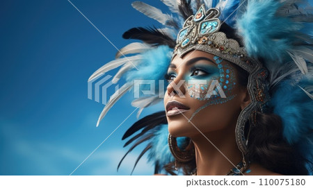 AI-generated content. Beautiful young woman wearing stylish, luxurious hair accessories with feather elements, in bright festive makeup. Carnival style 110075180