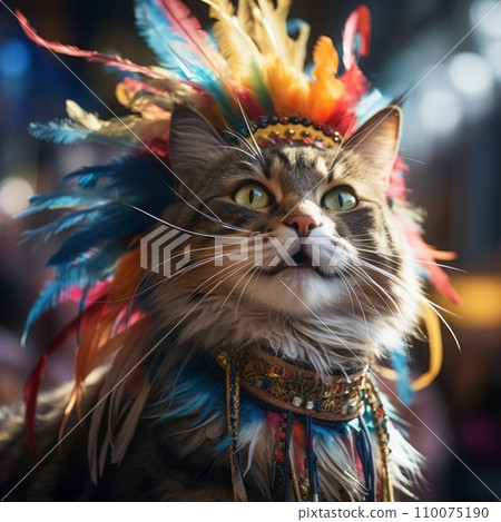 AI-generated content. Cheerful, beautiful purebred cat in feather accessories attending traditional local carnival, festival. Blurred crowned street 110075190