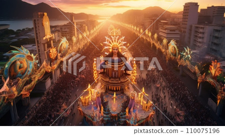 AI-generated content. Popular, traditional carnival. Aerial view on the long decorated street with festive crowd celebrating event, singing, dancing, wearing masquerade costumes 110075196