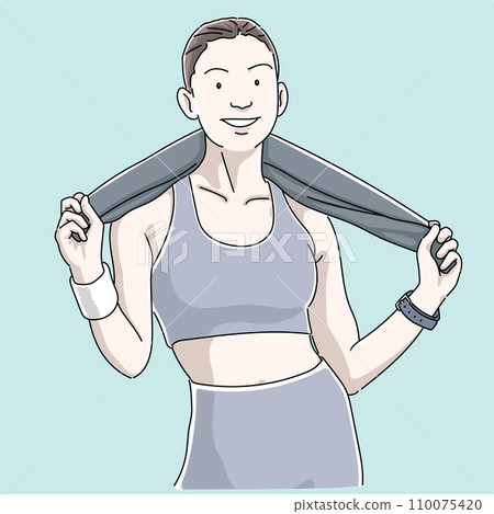 訓練後微笑的女人從肩膀上抓起毛巾 110075420