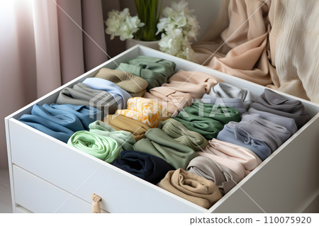 A white drawer with neatly laid out and sorted clothes in the room 110075920