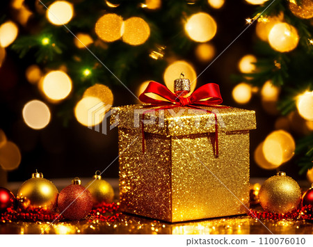 Christmas gift box with golden baubles on bokeh background Christmas gift box with golden baubles on bokeh background 110076010