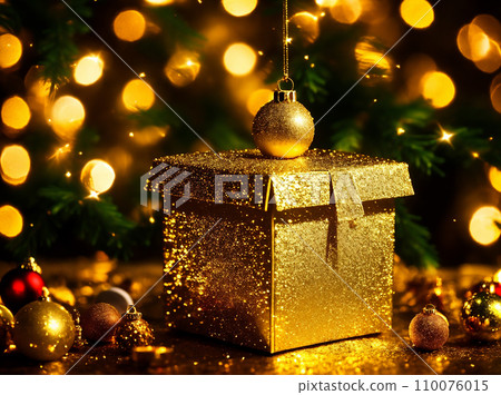Christmas gift box with golden baubles on bokeh background Christmas gift box with golden baubles on bokeh background 110076015