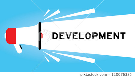 Color megaphone icon with word development in white banner on blue background Color megaphone icon with word development in white banner on blue background 110076385