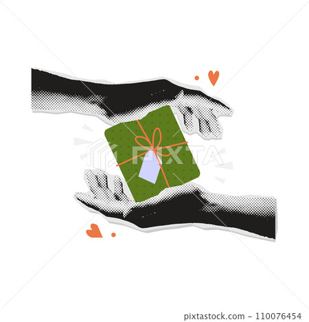 Hands holding gift box. Colorful halftone mixed media style design. Merry Christmas collage paper sticker. Hands holding gift box. Colorful halftone mixed media style design. Merry Christmas collage paper sticker. 110076454