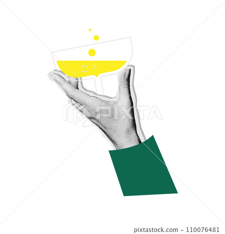 Hand holding champagne glass. Vintage New year party. Halftone Collage style. Vector illustration Hand holding champagne glass. Vintage New year party. Halftone Collage style. Vector illustration 110076481