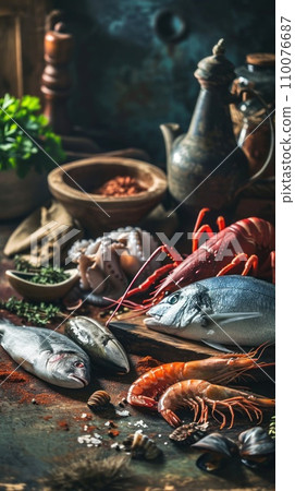 AI-generated content. Different fish, shrimps, octopus, mussels and lobster 110076687