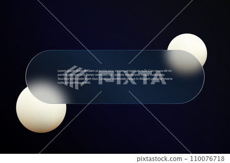 Glass morphism style. Floating blurred spheres with a rectangular transparent banner with rounded corners. 110076718