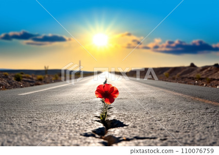 花蕾從裂縫中發芽、生長、綻放花朵。戰勝逆境的生命力。在不失去希望的情況下實現您的目標。 “人工智慧生成圖像” 110076759