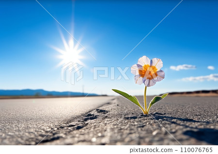 花蕾從裂縫中發芽、生長、綻放花朵。戰勝逆境的生命力。在不失去希望的情況下實現您的目標。 “人工智慧生成圖像” 110076765