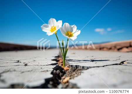 花蕾從裂縫中發芽、生長、綻放花朵。戰勝逆境的生命力。在不失去希望的情況下實現您的目標。 “人工智慧生成圖像” 110076774