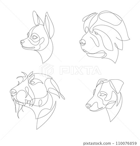 Breeds of dogs drawn in minimal style set. One line dogs. Vector illustration. Breeds of dogs drawn in minimal style set. One line dogs. Vector illustration. 110076859