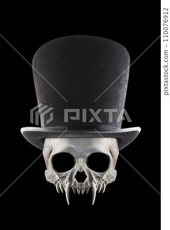 Vampire skull with extra tall black vintage top hat isolated on black background Vampire skull with extra tall black vintage top hat isolated on black background 110076912