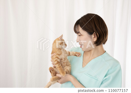 Female veterinarian holding a kitten Female veterinarian holding a kitten 110077157